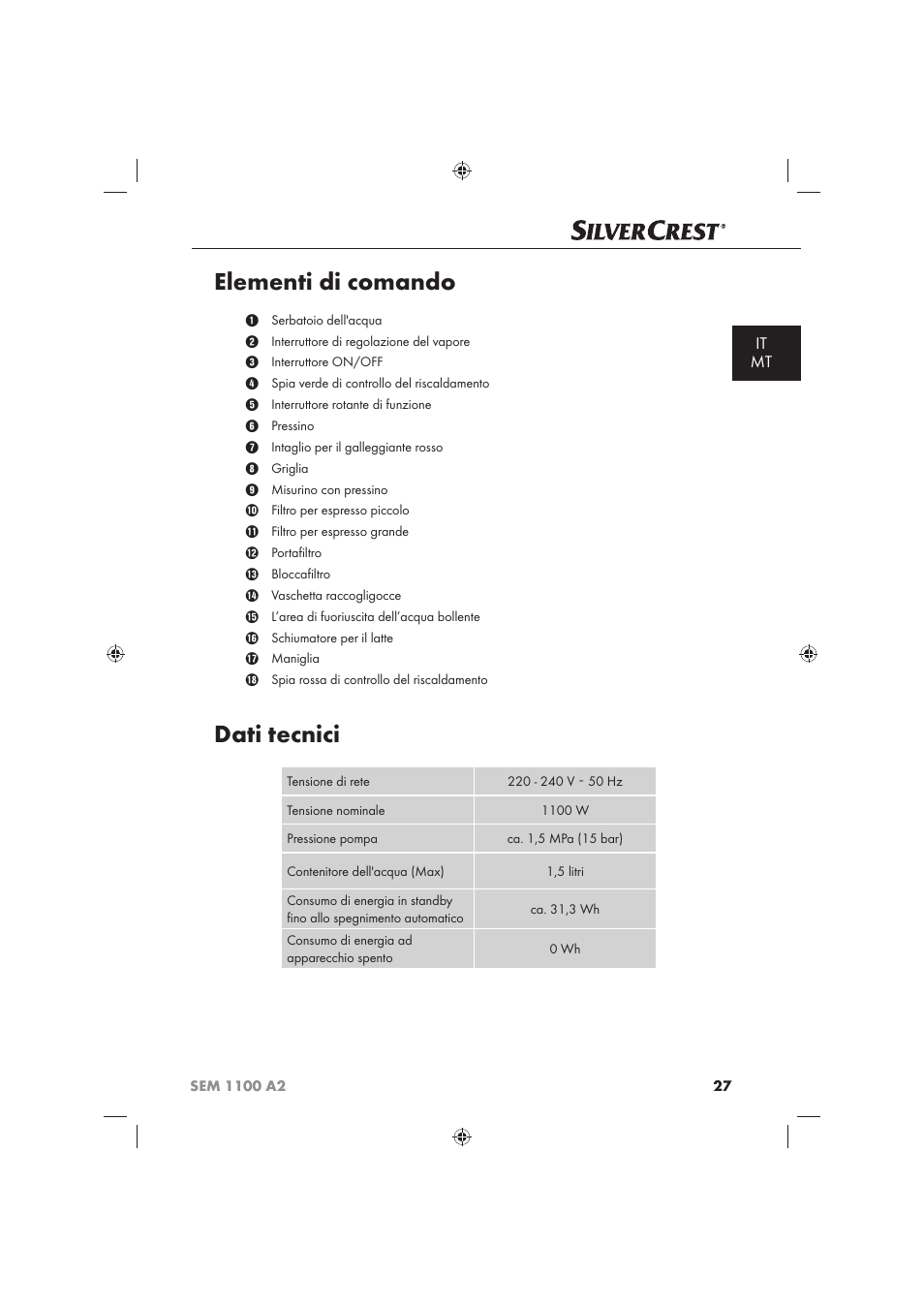 Elementi di comando, Dati tecnici, It mt | Silvercrest SEM 1100 A2 User Manual | Page 29 / 102