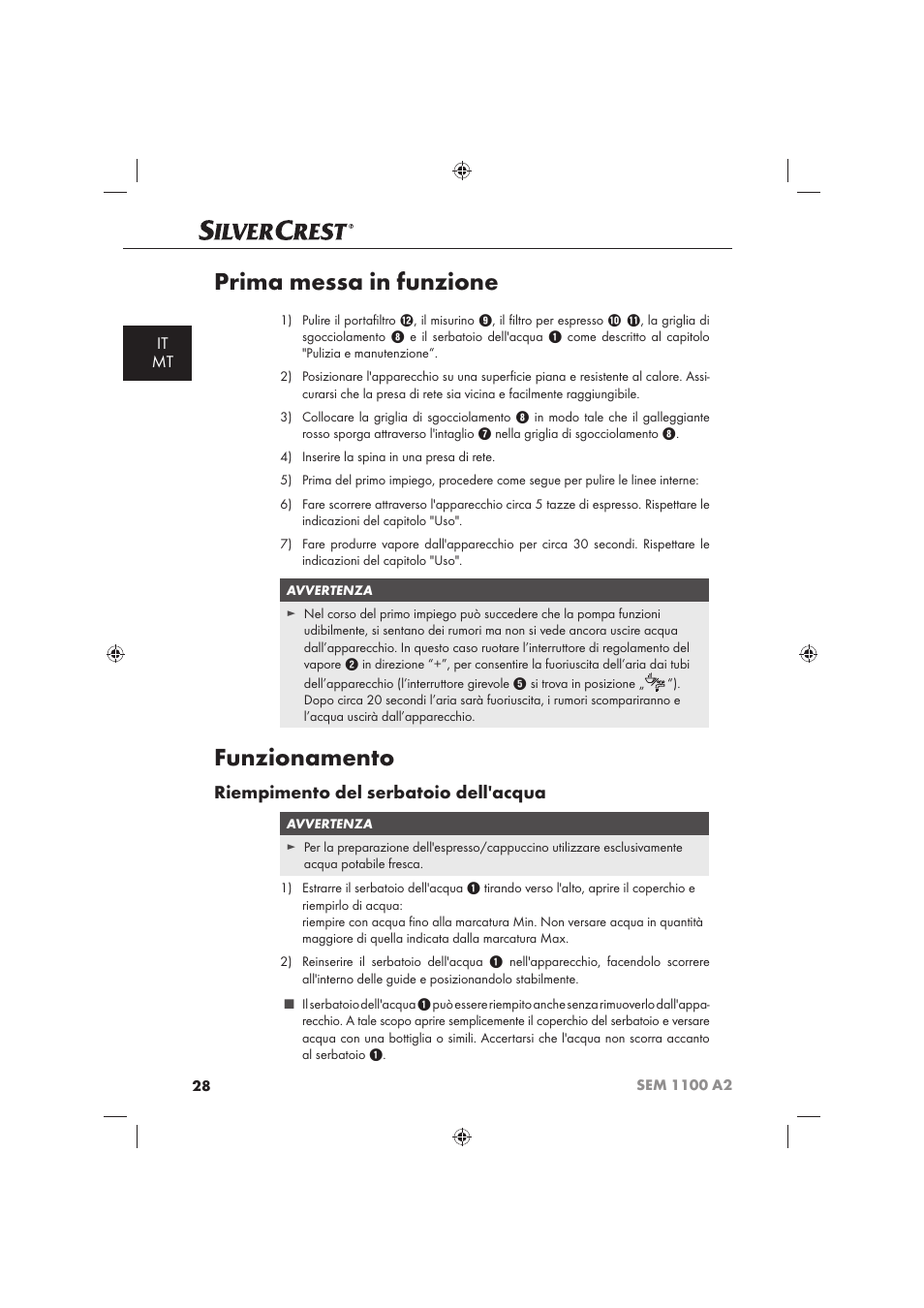 Prima messa in funzione, Funzionamento, Riempimento del serbatoio dell'acqua | It mt | Silvercrest SEM 1100 A2 User Manual | Page 30 / 102