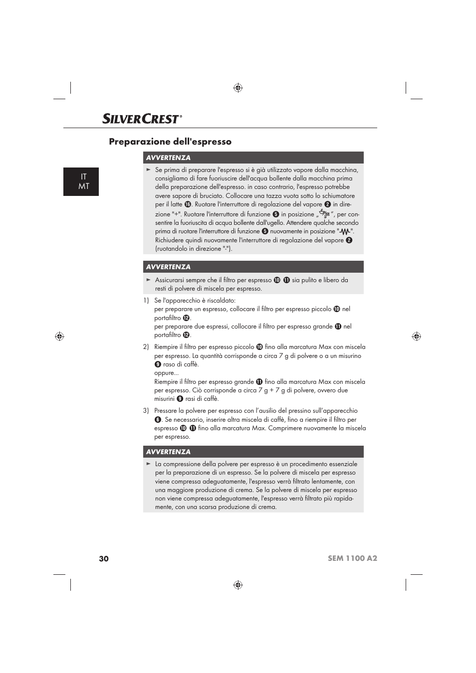 Preparazione dell'espresso, It mt | Silvercrest SEM 1100 A2 User Manual | Page 32 / 102