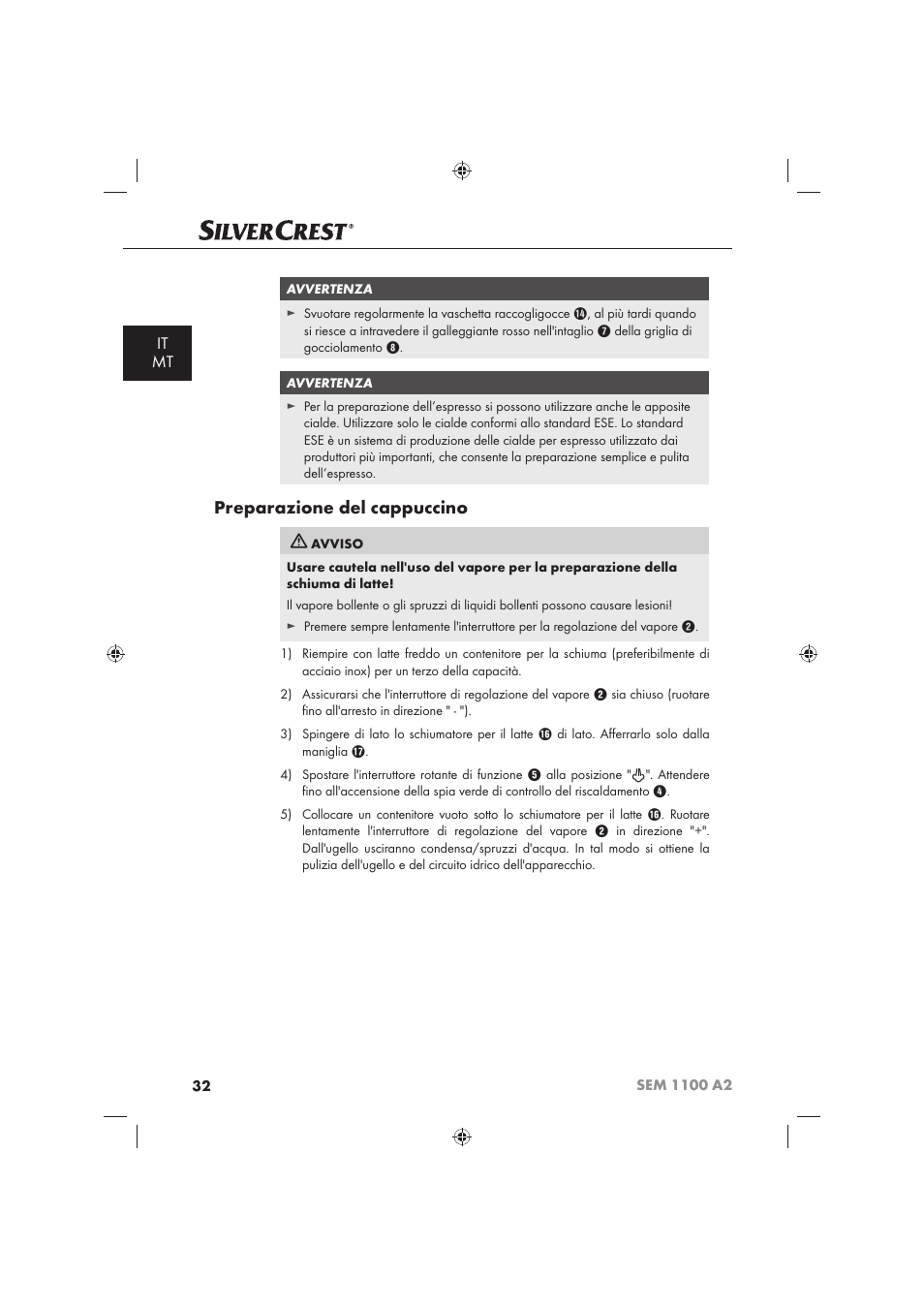 Preparazione del cappuccino, It mt | Silvercrest SEM 1100 A2 User Manual | Page 34 / 102