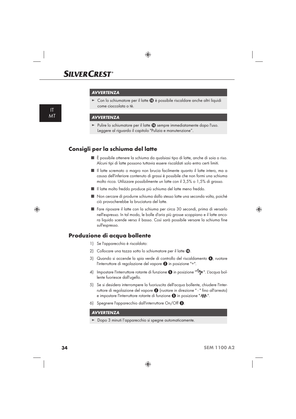 Consigli per la schiuma del latte, Produzione di acqua bollente, It mt | Silvercrest SEM 1100 A2 User Manual | Page 36 / 102