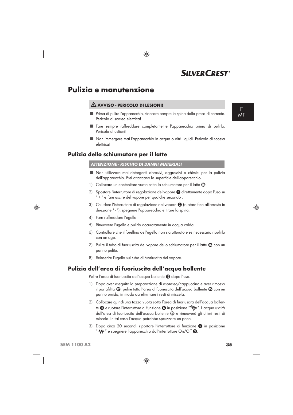 Pulizia e manutenzione, Pulizia dello schiumatore per il latte, It mt | Silvercrest SEM 1100 A2 User Manual | Page 37 / 102