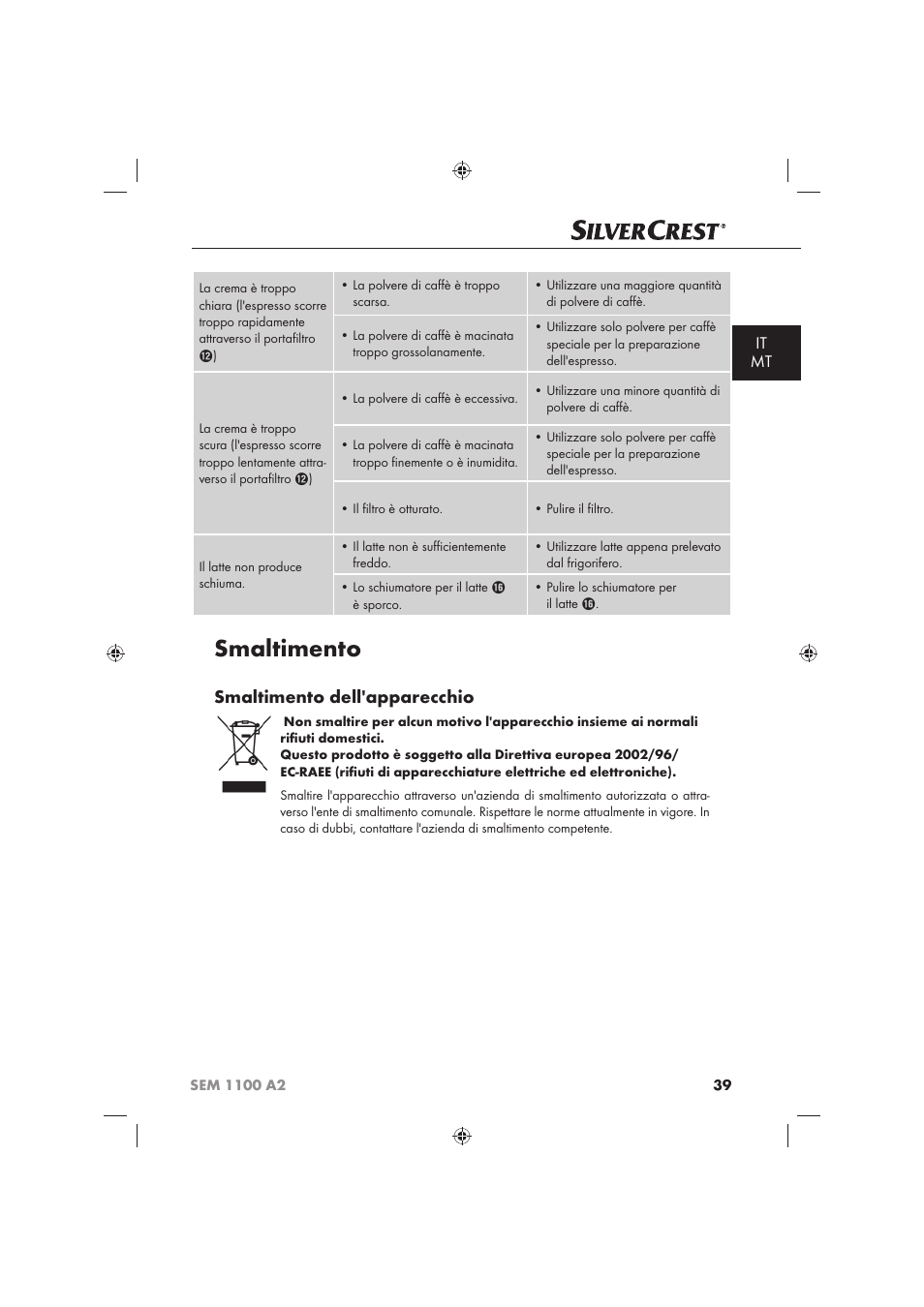 Smaltimento, Smaltimento dell'apparecchio, It mt | Silvercrest SEM 1100 A2 User Manual | Page 41 / 102