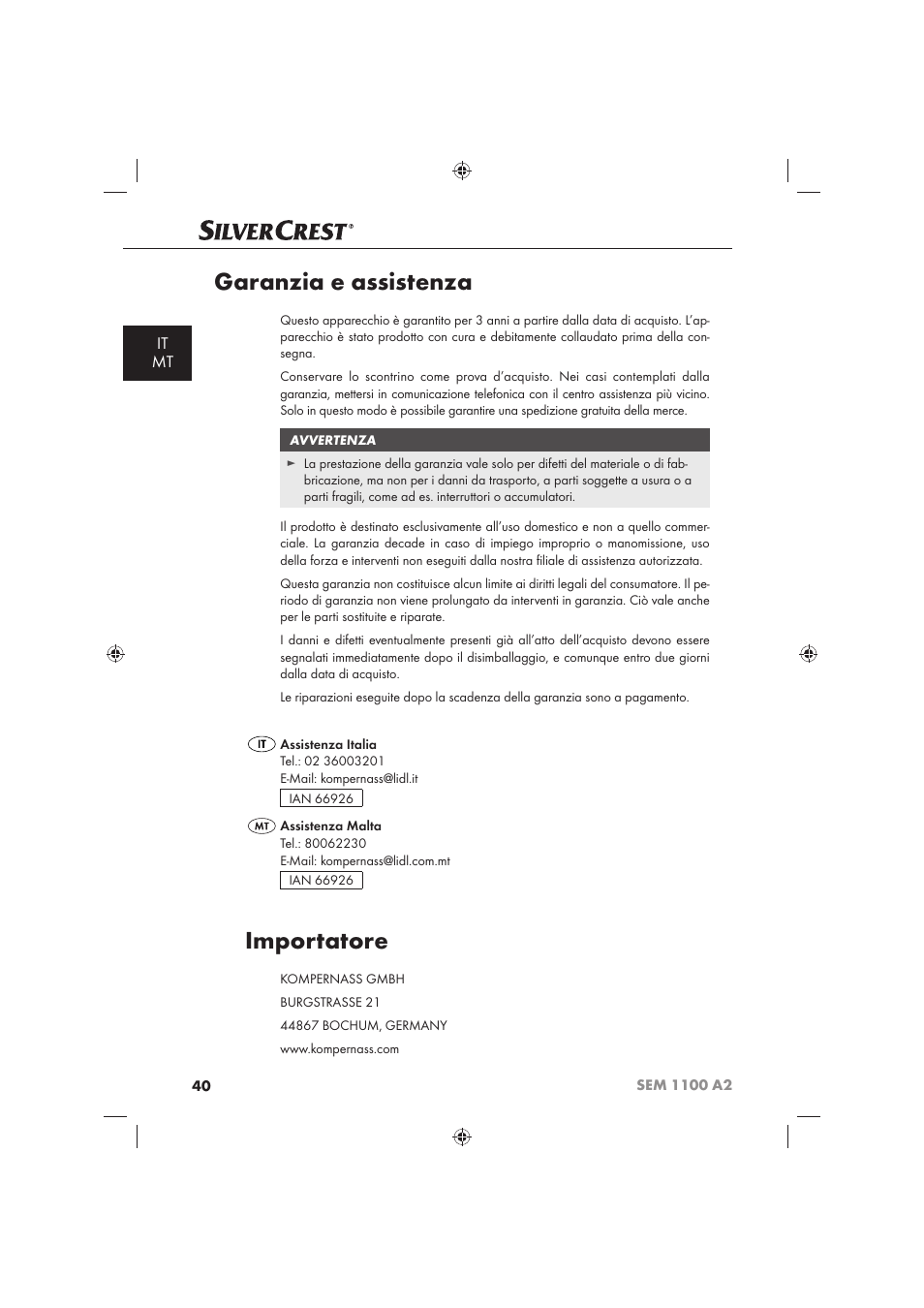 Garanzia e assistenza, Importatore, It mt | Silvercrest SEM 1100 A2 User Manual | Page 42 / 102