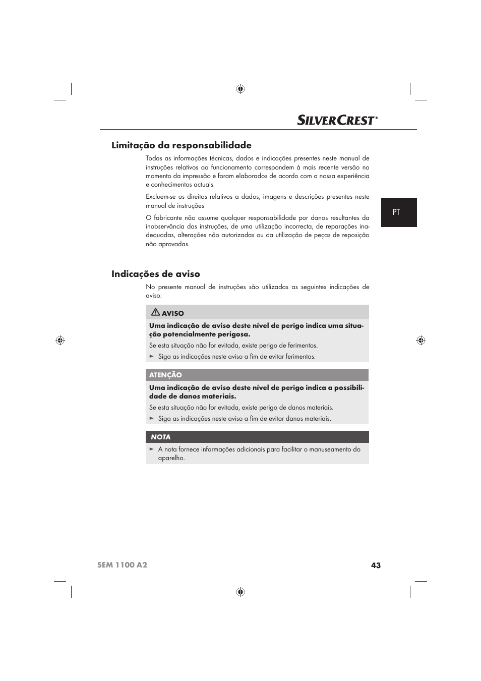 Limitação da responsabilidade, Indicações de aviso | Silvercrest SEM 1100 A2 User Manual | Page 45 / 102