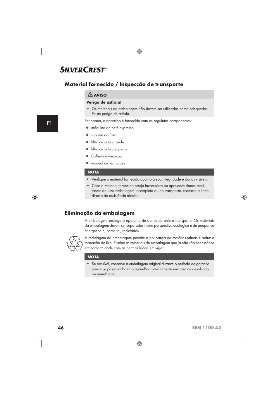 Material fornecido / inspecção de transporte, Eliminação da embalagem | Silvercrest SEM 1100 A2 User Manual | Page 48 / 102