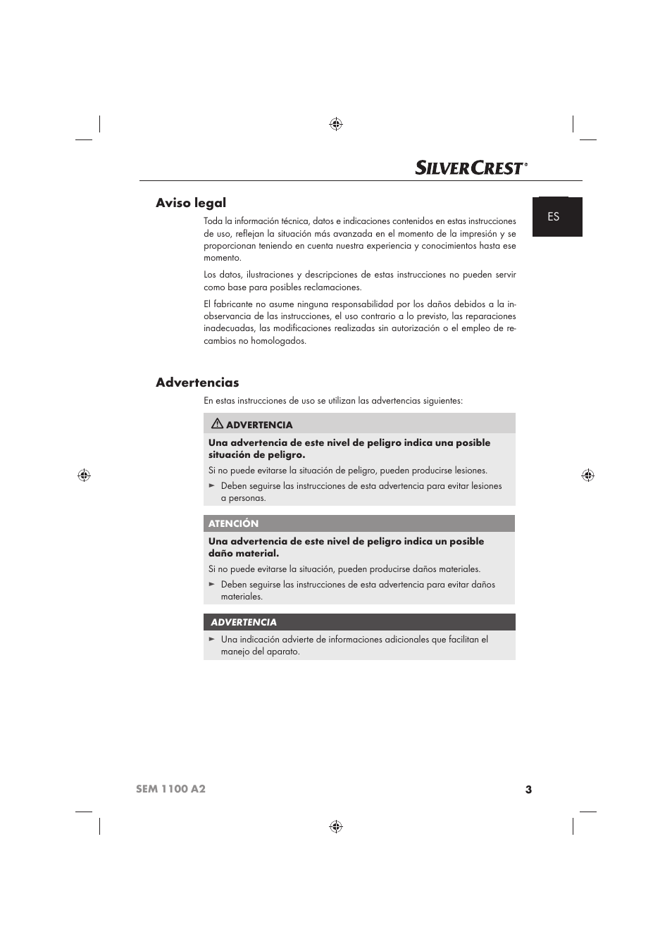 Aviso legal, Advertencias | Silvercrest SEM 1100 A2 User Manual | Page 5 / 102