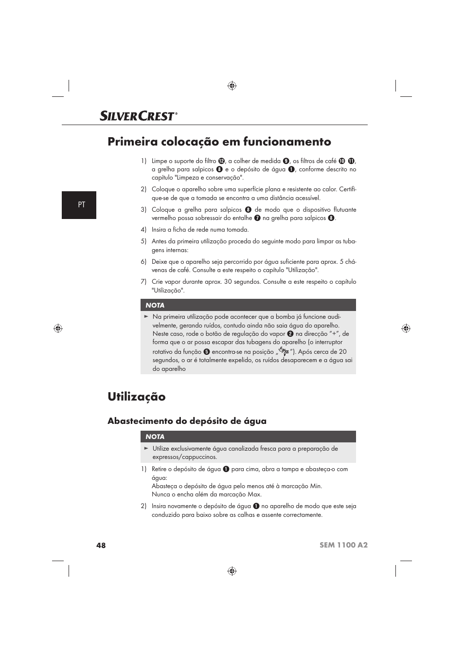 Primeira colocação em funcionamento, Utilização, Abastecimento do depósito de água | Silvercrest SEM 1100 A2 User Manual | Page 50 / 102