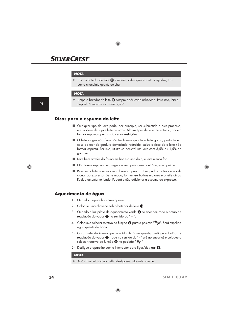 Dicas para a espuma do leite, Aquecimento de água | Silvercrest SEM 1100 A2 User Manual | Page 56 / 102