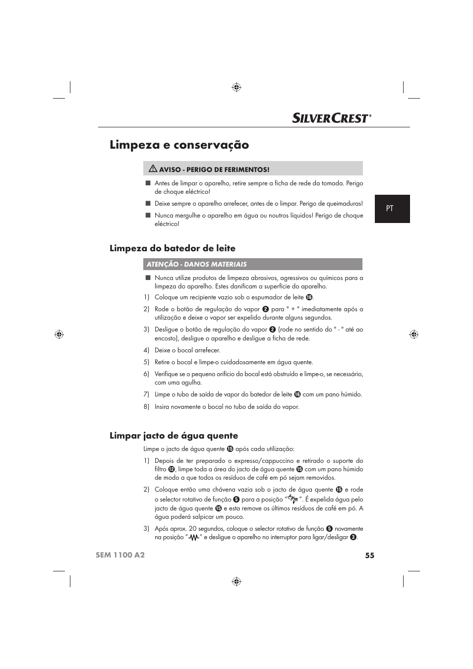 Limpeza e conservação, Limpeza do batedor de leite, Limpar jacto de água quente | Silvercrest SEM 1100 A2 User Manual | Page 57 / 102