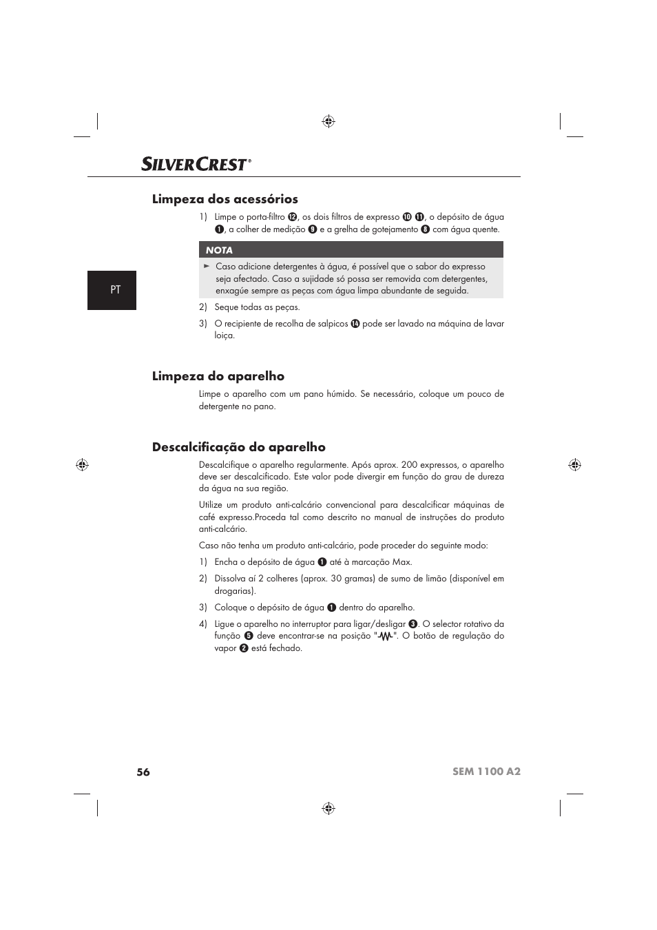 Limpeza dos acessórios, Limpeza do aparelho, Descalciﬁ cação do aparelho | Silvercrest SEM 1100 A2 User Manual | Page 58 / 102