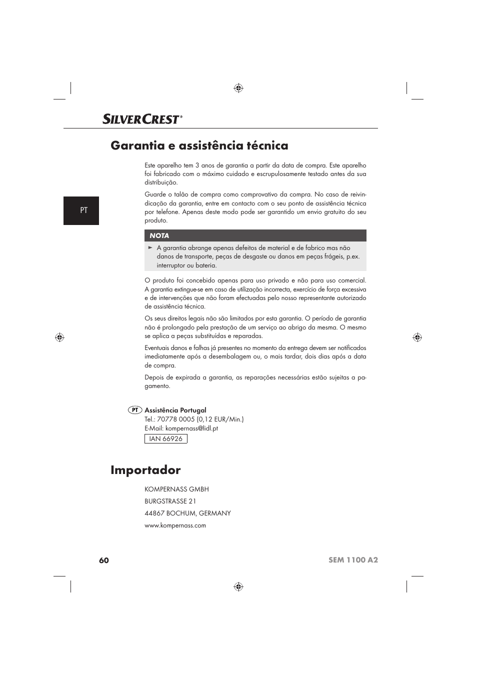 Garantia e assistência técnica, Importador | Silvercrest SEM 1100 A2 User Manual | Page 62 / 102