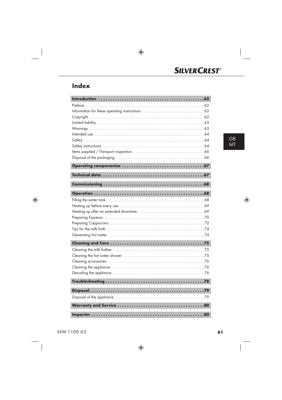 Index, Gb mt | Silvercrest SEM 1100 A2 User Manual | Page 63 / 102