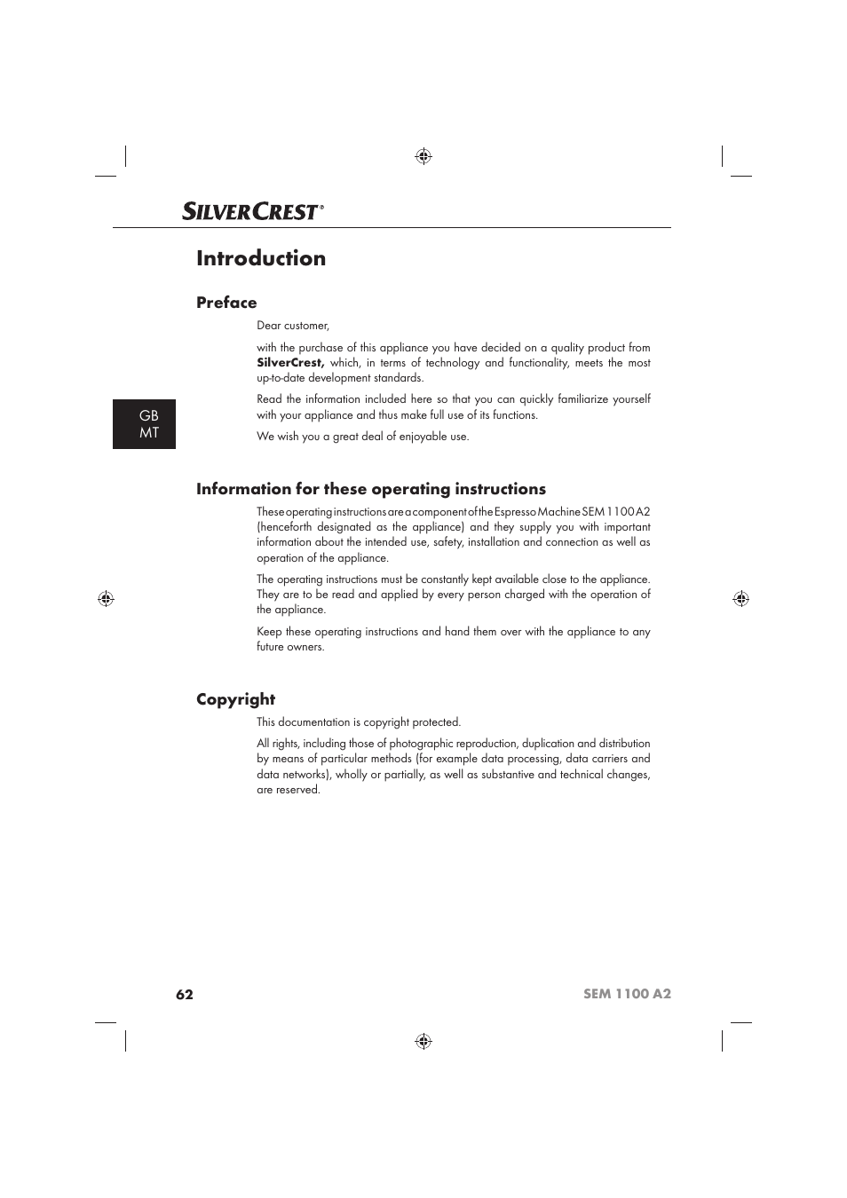 Introduction, Preface, Information for these operating instructions | Copyright, Gb mt | Silvercrest SEM 1100 A2 User Manual | Page 64 / 102