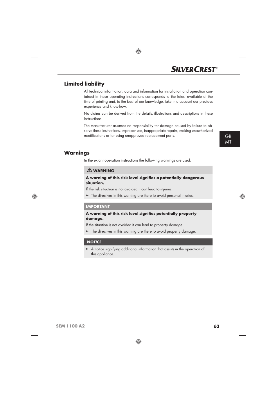 Limited liability, Warnings, Gb mt | Silvercrest SEM 1100 A2 User Manual | Page 65 / 102