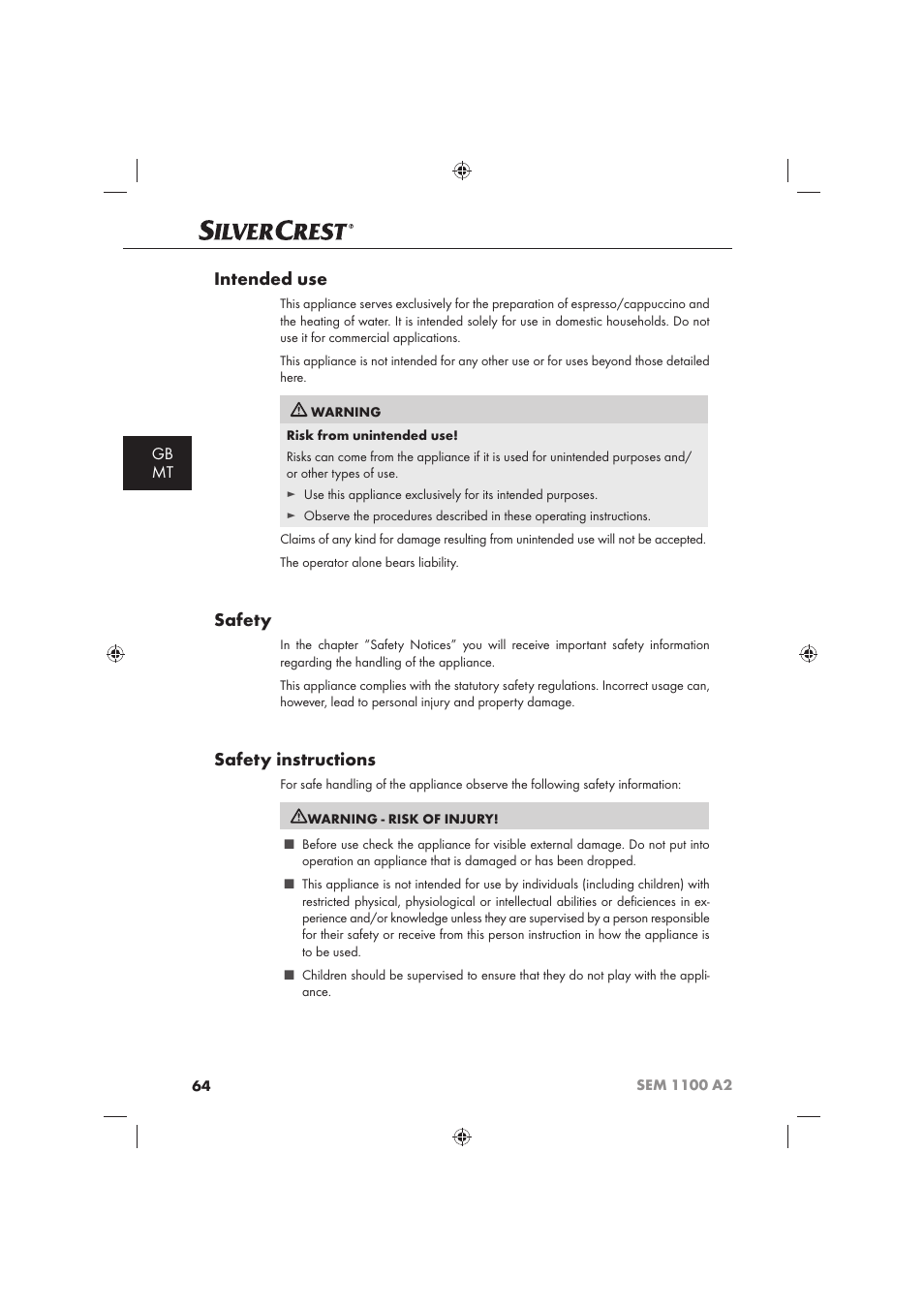 Intended use, Safety, Safety instructions | Gb mt | Silvercrest SEM 1100 A2 User Manual | Page 66 / 102