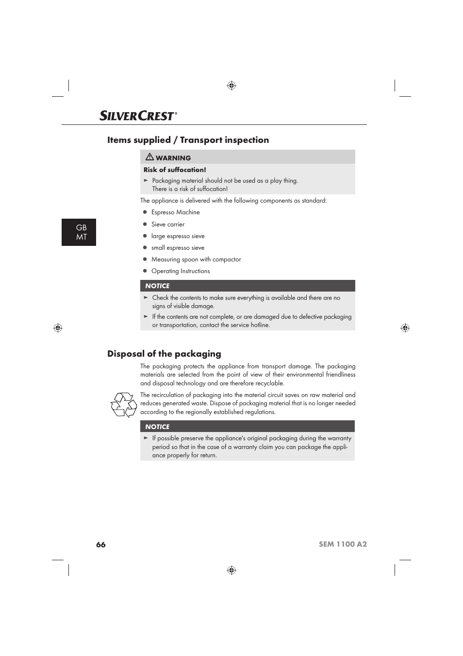 Items supplied / transport inspection, Disposal of the packaging, Gb mt | Silvercrest SEM 1100 A2 User Manual | Page 68 / 102