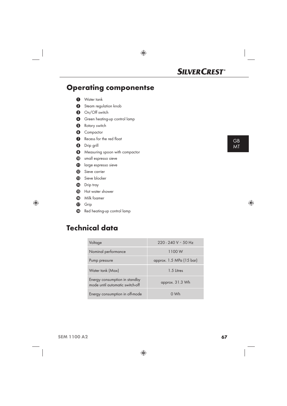 Operating componentse, Technical data, Gb mt | Silvercrest SEM 1100 A2 User Manual | Page 69 / 102