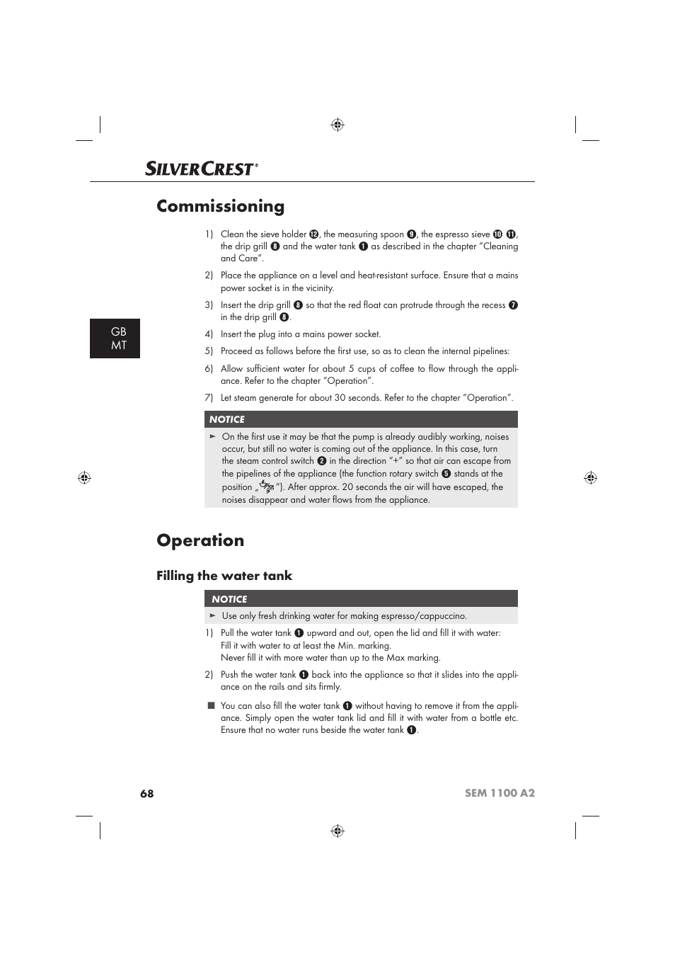 Commissioning, Operation, Filling the water tank | Gb mt | Silvercrest SEM 1100 A2 User Manual | Page 70 / 102