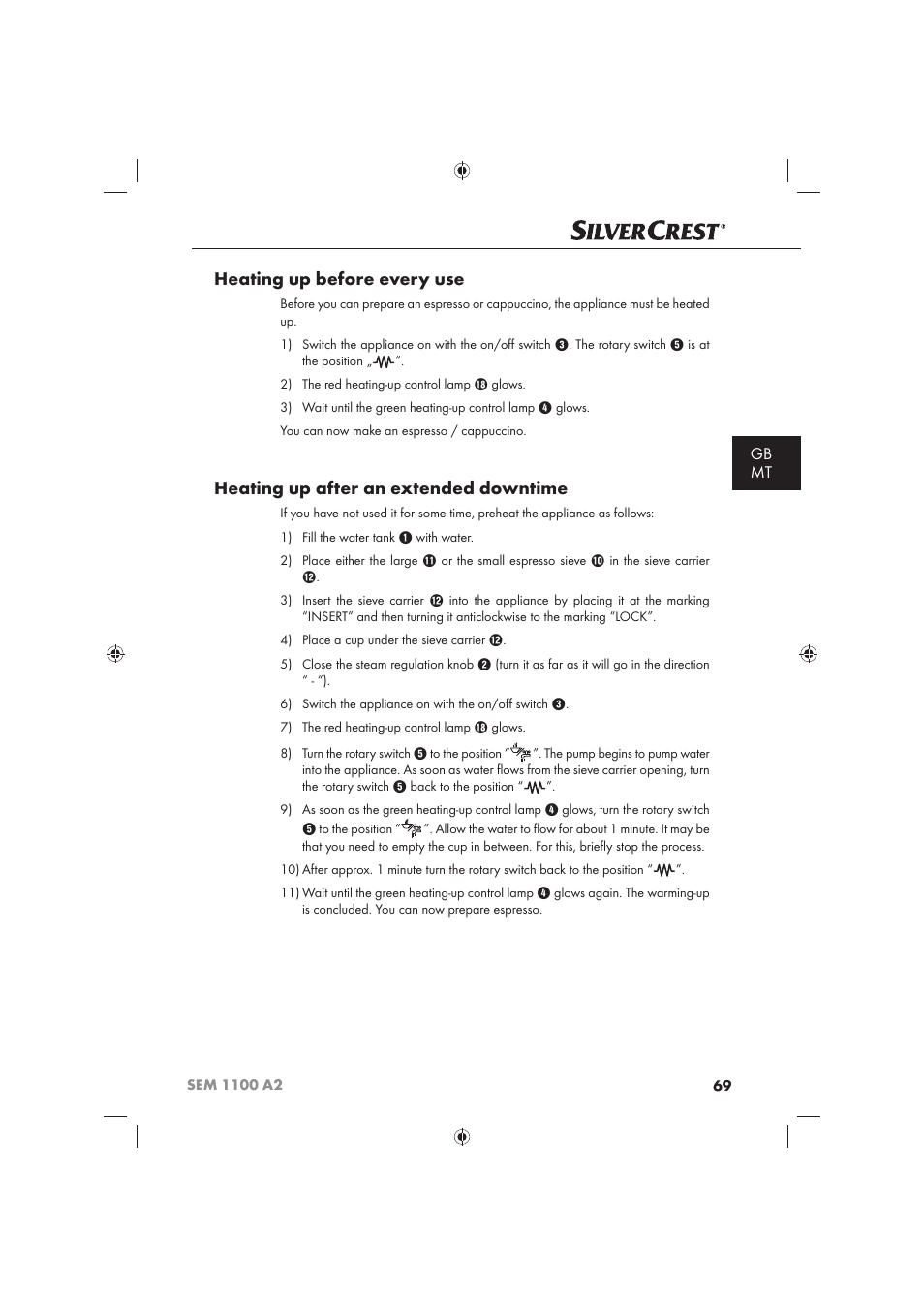 Heating up before every use, Heating up after an extended downtime, Gb mt | Silvercrest SEM 1100 A2 User Manual | Page 71 / 102