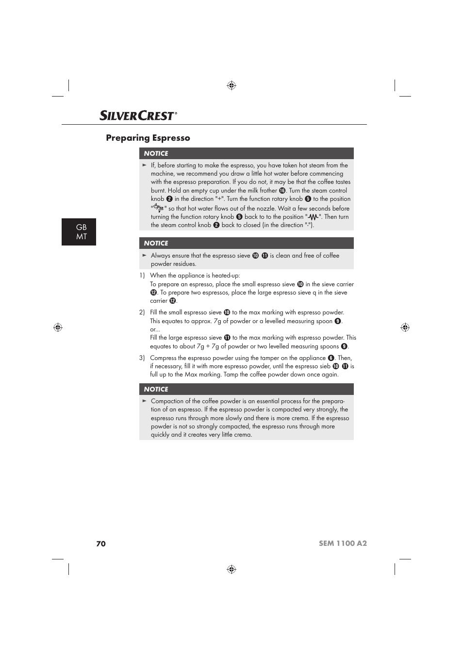 Preparing espresso, Gb mt | Silvercrest SEM 1100 A2 User Manual | Page 72 / 102