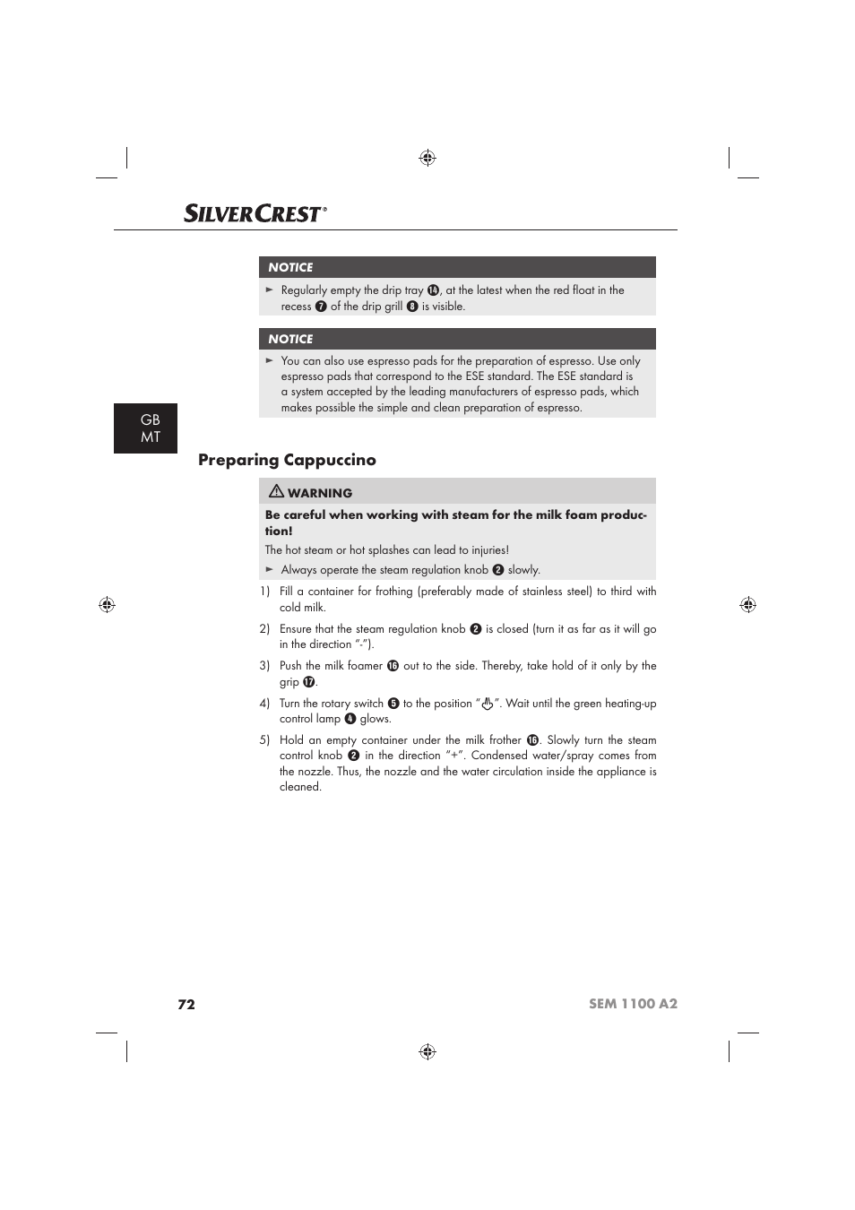 Preparing cappuccino, Gb mt | Silvercrest SEM 1100 A2 User Manual | Page 74 / 102