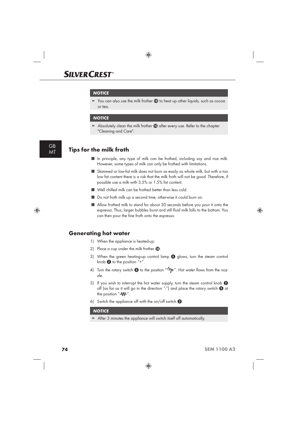 Tips for the milk froth, Generating hot water, Gb mt | Silvercrest SEM 1100 A2 User Manual | Page 76 / 102