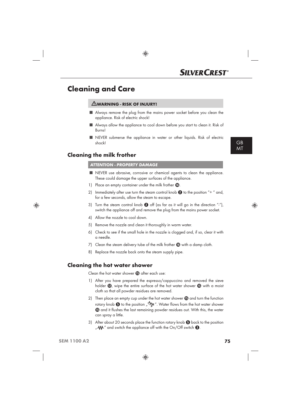 Cleaning and care, Cleaning the milk frother, Cleaning the hot water shower | Gb mt | Silvercrest SEM 1100 A2 User Manual | Page 77 / 102