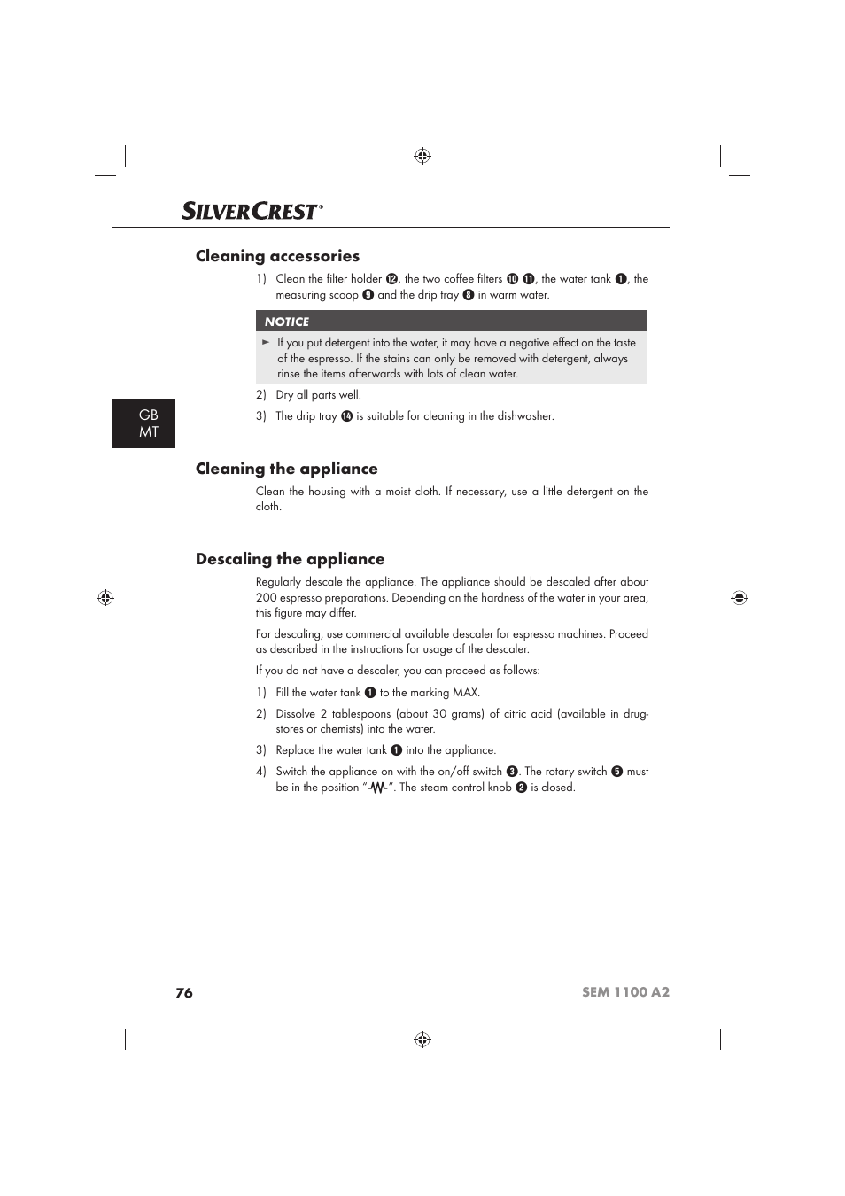 Cleaning accessories, Cleaning the appliance, Descaling the appliance | Gb mt | Silvercrest SEM 1100 A2 User Manual | Page 78 / 102