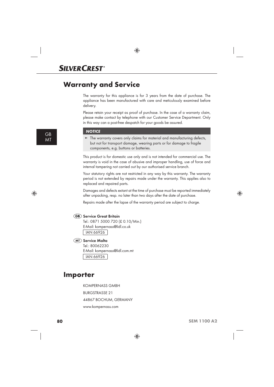 Warranty and service, Importer, Gb mt | Silvercrest SEM 1100 A2 User Manual | Page 82 / 102