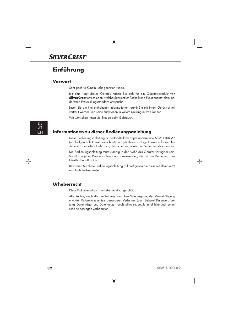 Einführung, Vorwort, Informationen zu dieser bedienungsanleitung | Urheberrecht, De at ch | Silvercrest SEM 1100 A2 User Manual | Page 84 / 102