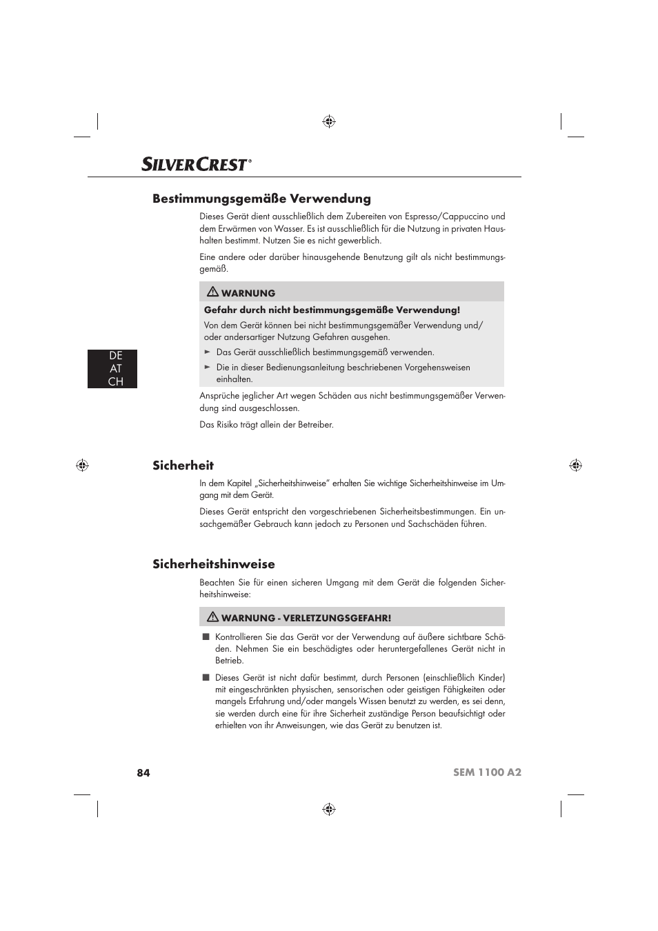 Bestimmungsgemäße verwendung, Sicherheit, Sicherheitshinweise | De at ch | Silvercrest SEM 1100 A2 User Manual | Page 86 / 102