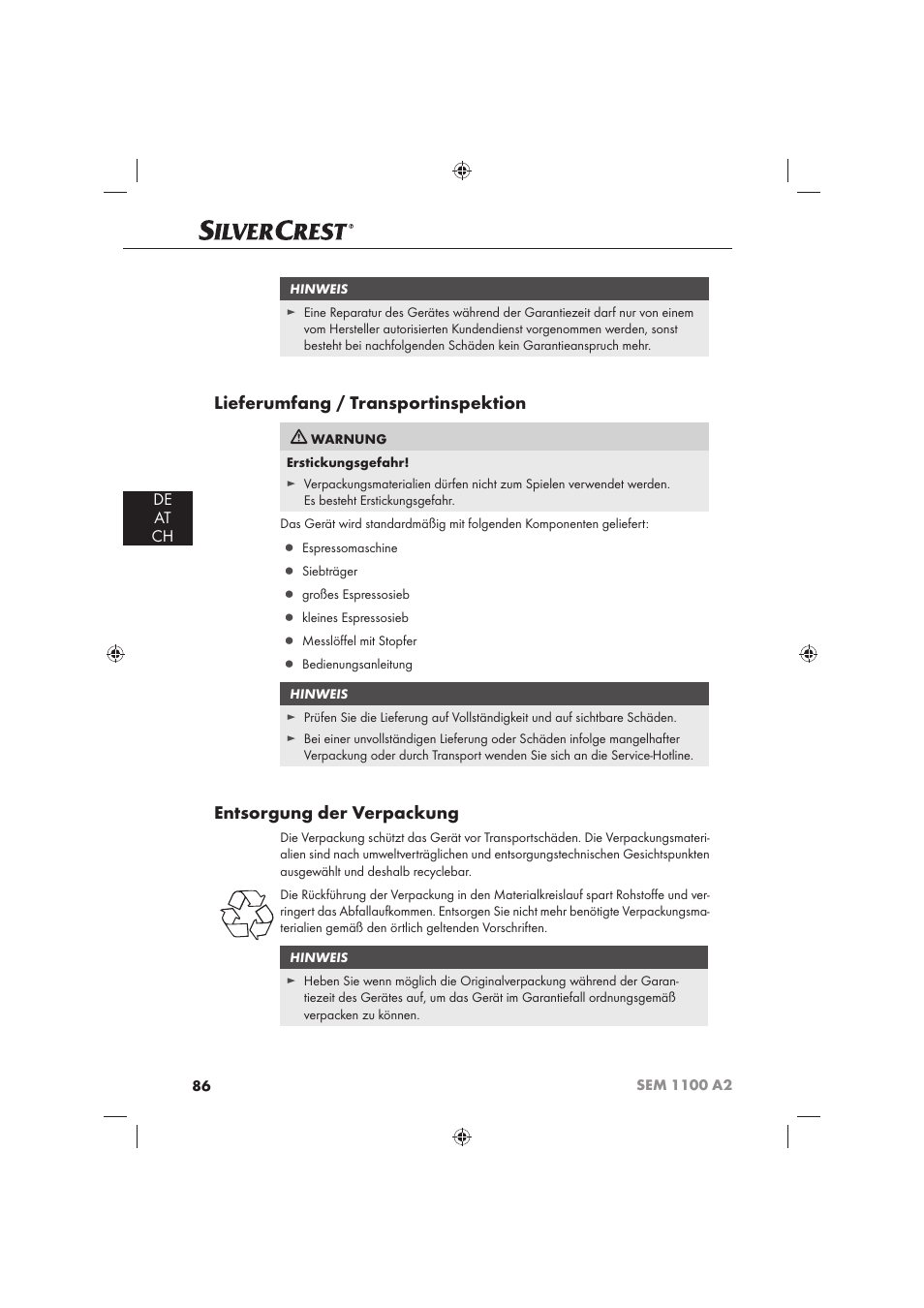 Lieferumfang / transportinspektion, Entsorgung der verpackung, De at ch | Silvercrest SEM 1100 A2 User Manual | Page 88 / 102