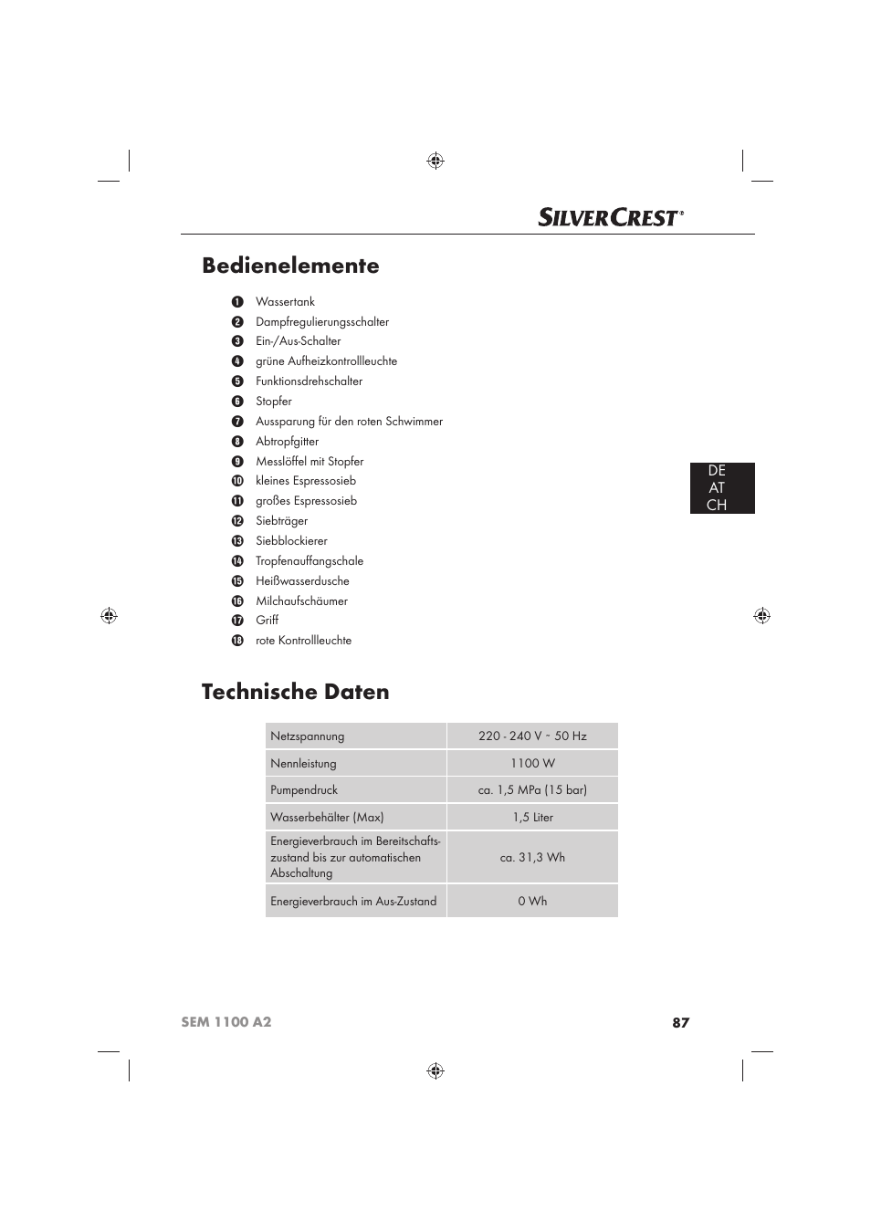 Bedienelemente, Technische daten, De at ch | Silvercrest SEM 1100 A2 User Manual | Page 89 / 102