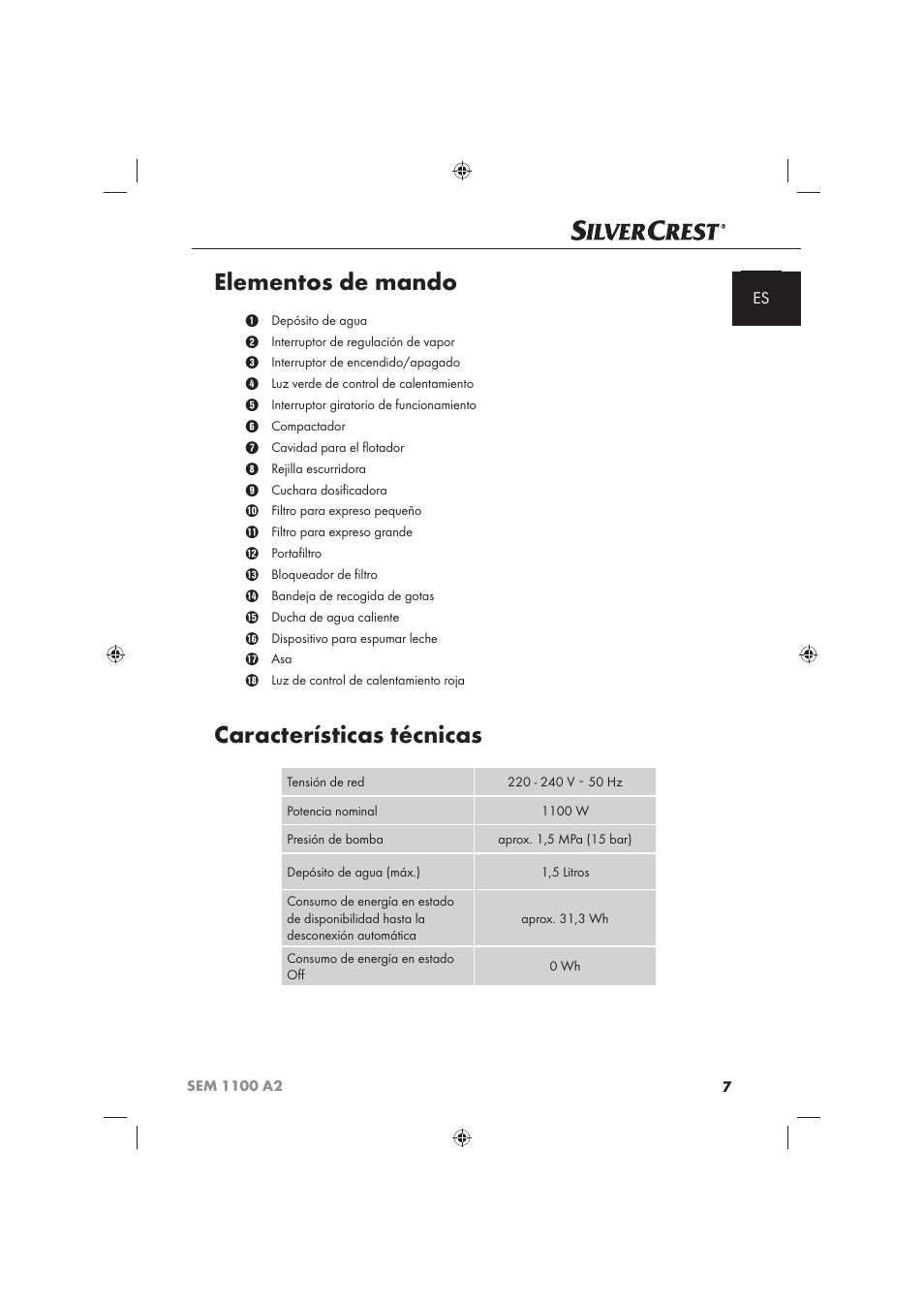 Elementos de mando, Características técnicas | Silvercrest SEM 1100 A2 User Manual | Page 9 / 102