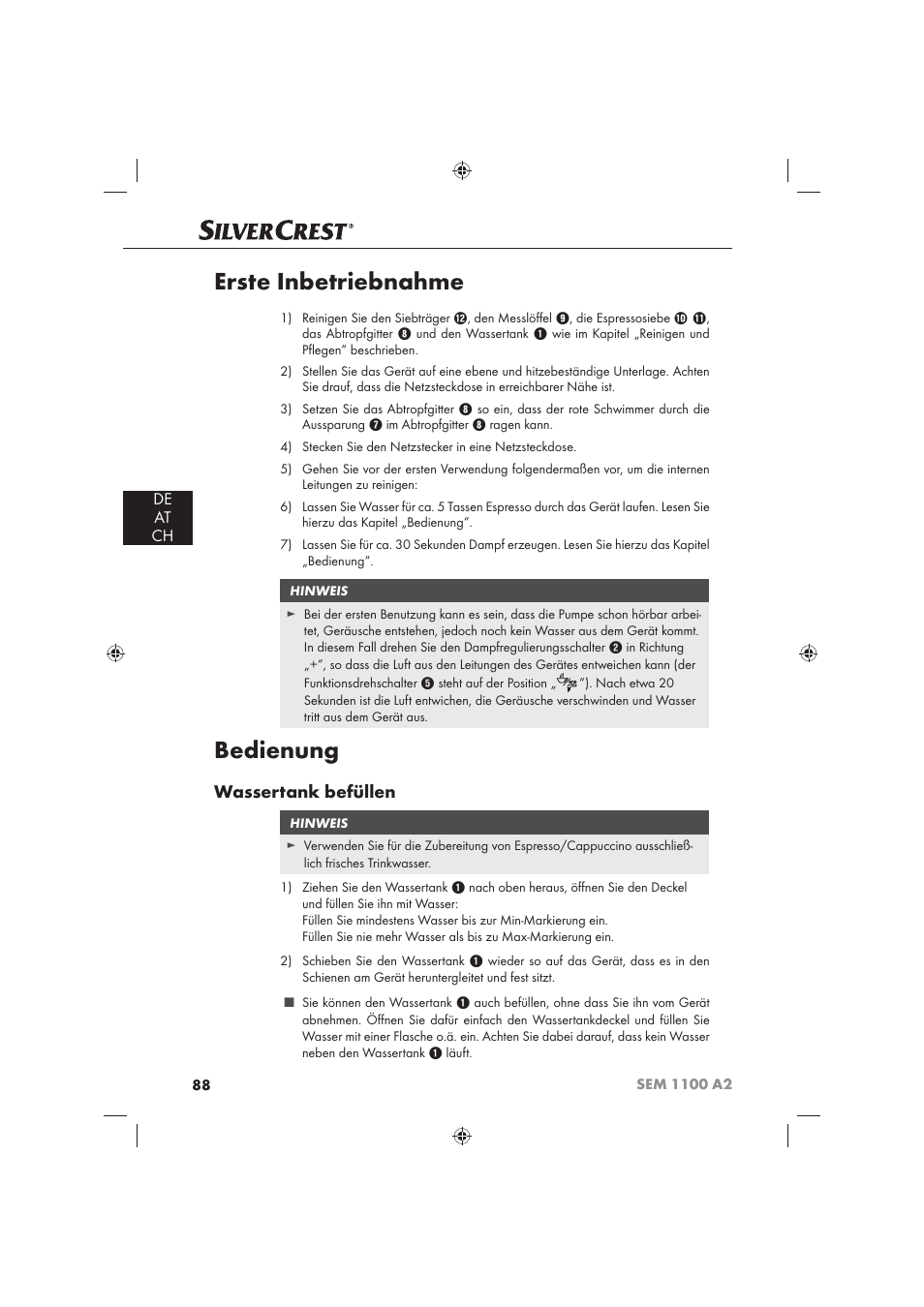 Erste inbetriebnahme, Bedienung, Wassertank befüllen | De at ch | Silvercrest SEM 1100 A2 User Manual | Page 90 / 102