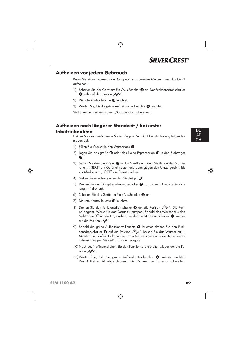 Aufheizen vor jedem gebrauch, De at ch | Silvercrest SEM 1100 A2 User Manual | Page 91 / 102