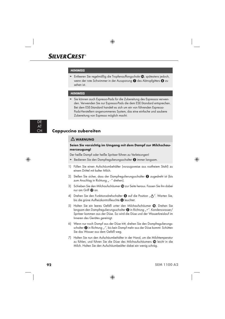 Cappuccino zubereiten, De at ch | Silvercrest SEM 1100 A2 User Manual | Page 94 / 102