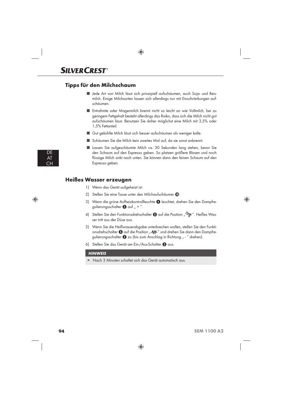 Tipps für den milchschaum, Heißes wasser erzeugen, De at ch | Silvercrest SEM 1100 A2 User Manual | Page 96 / 102