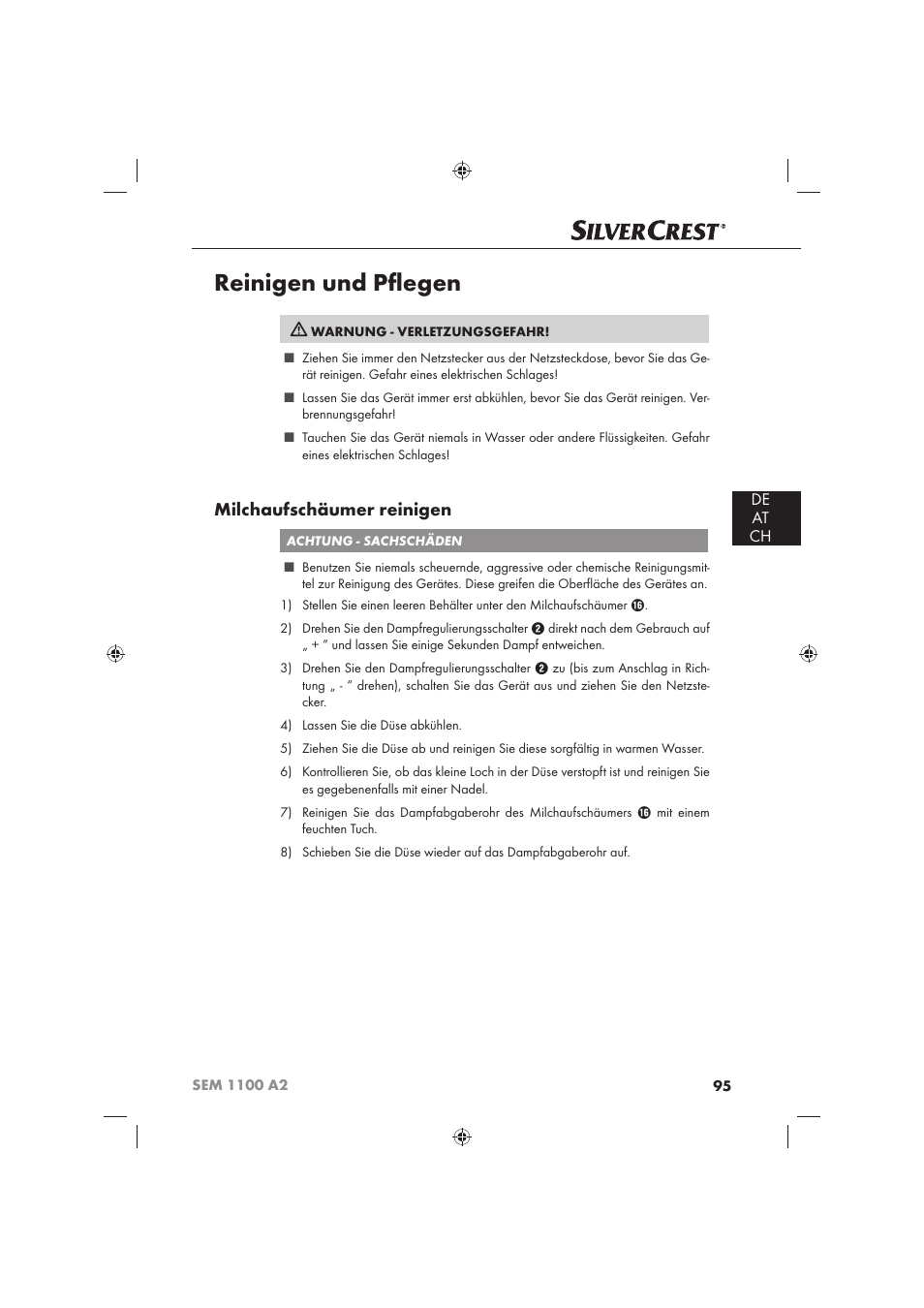 Reinigen und pﬂ egen, Milchaufschäumer reinigen, De at ch | Silvercrest SEM 1100 A2 User Manual | Page 97 / 102