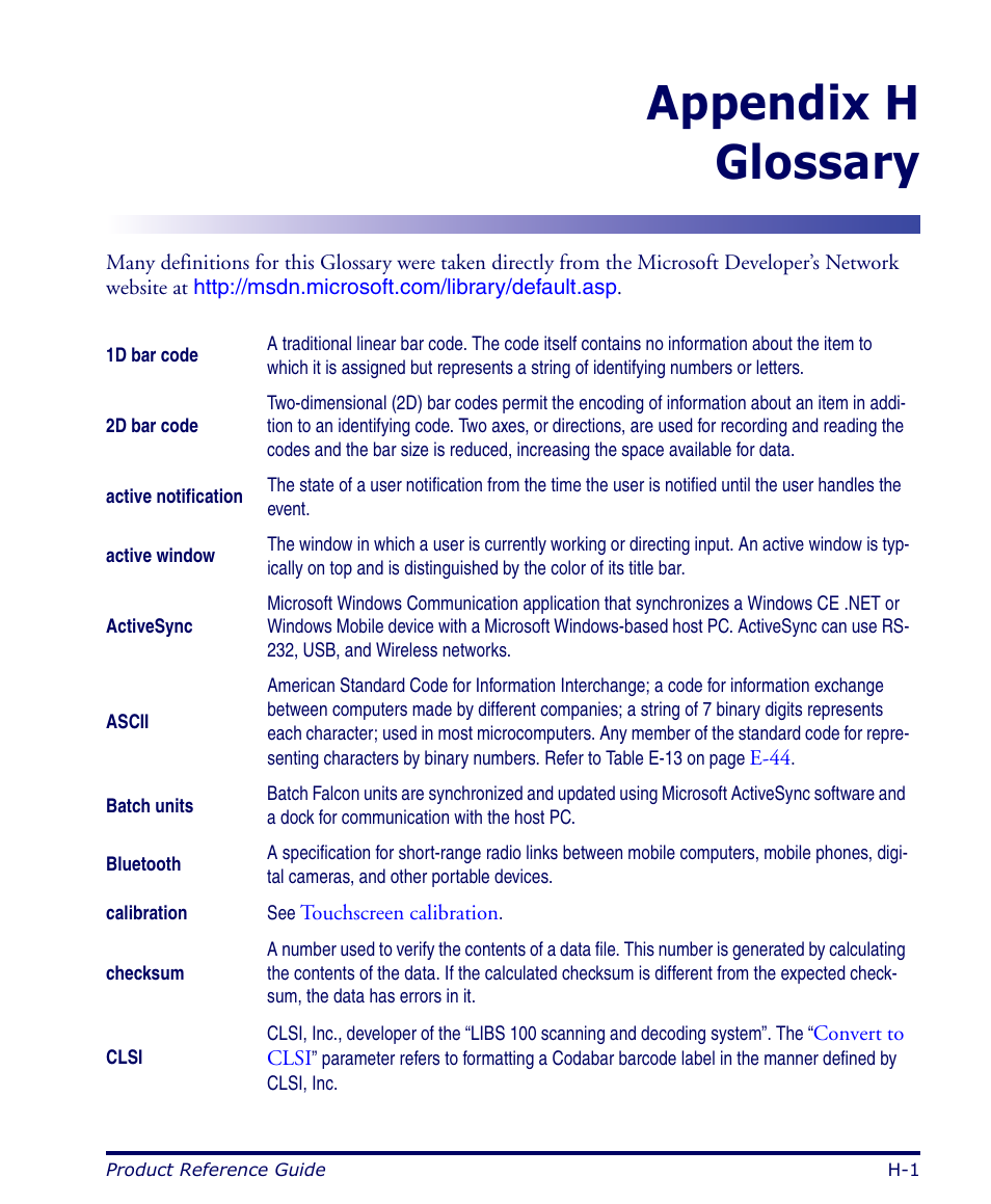 Glossary, Appendix, Set to 3 | Ascii, Code z, Appendix h glossary | Datalogic Scanning FALCON 4400 SERIES User Manual | Page 195 / 212