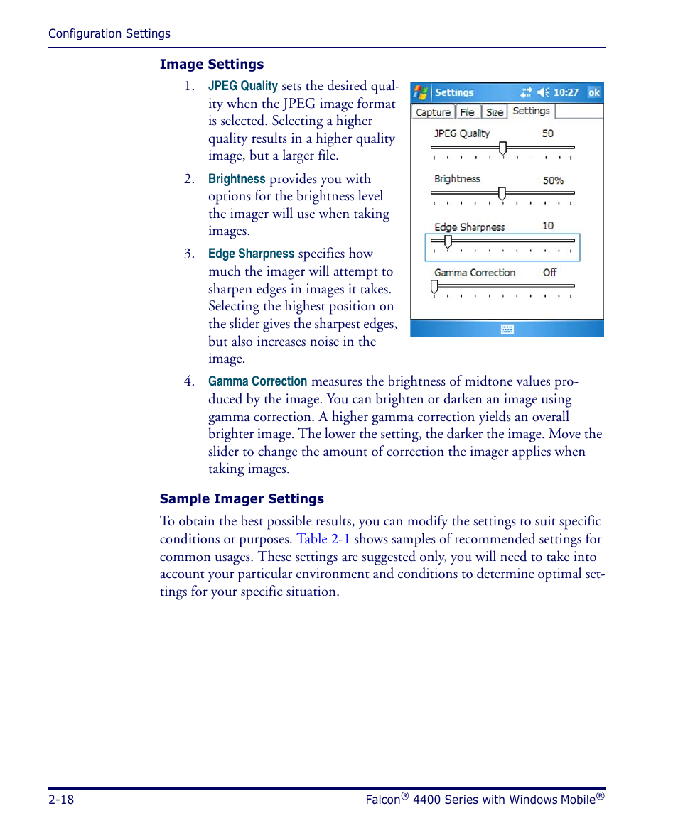 Sample imager settings, p, Image settings, p | Datalogic Scanning FALCON 4400 SERIES User Manual | Page 32 / 212