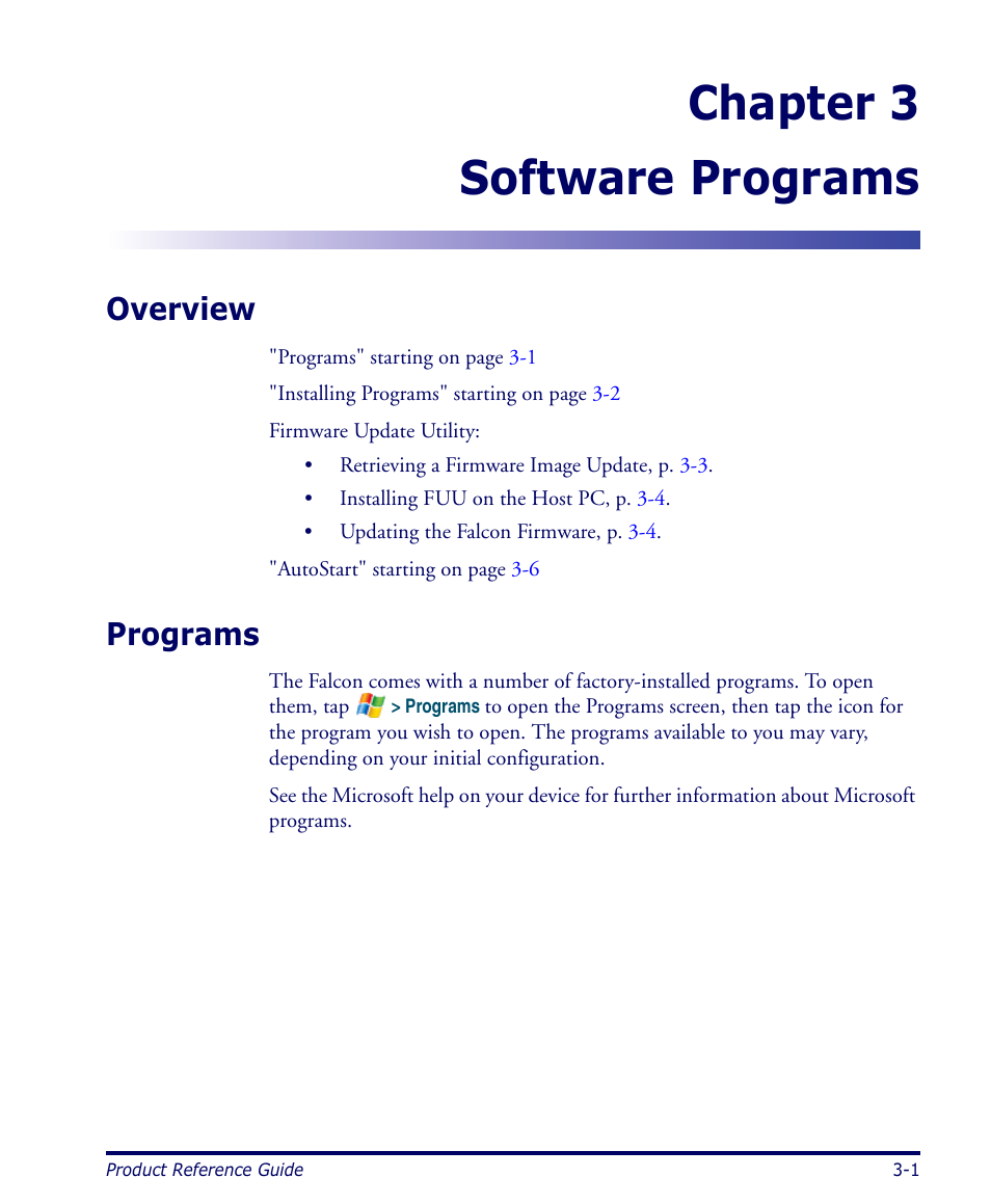 Software programs, Overview, Programs | Chapter 3. software programs -1, Overview -1 programs -1, Chapter, Software programs, co, Chapter 3 software programs | Datalogic Scanning FALCON 4400 SERIES User Manual | Page 49 / 212