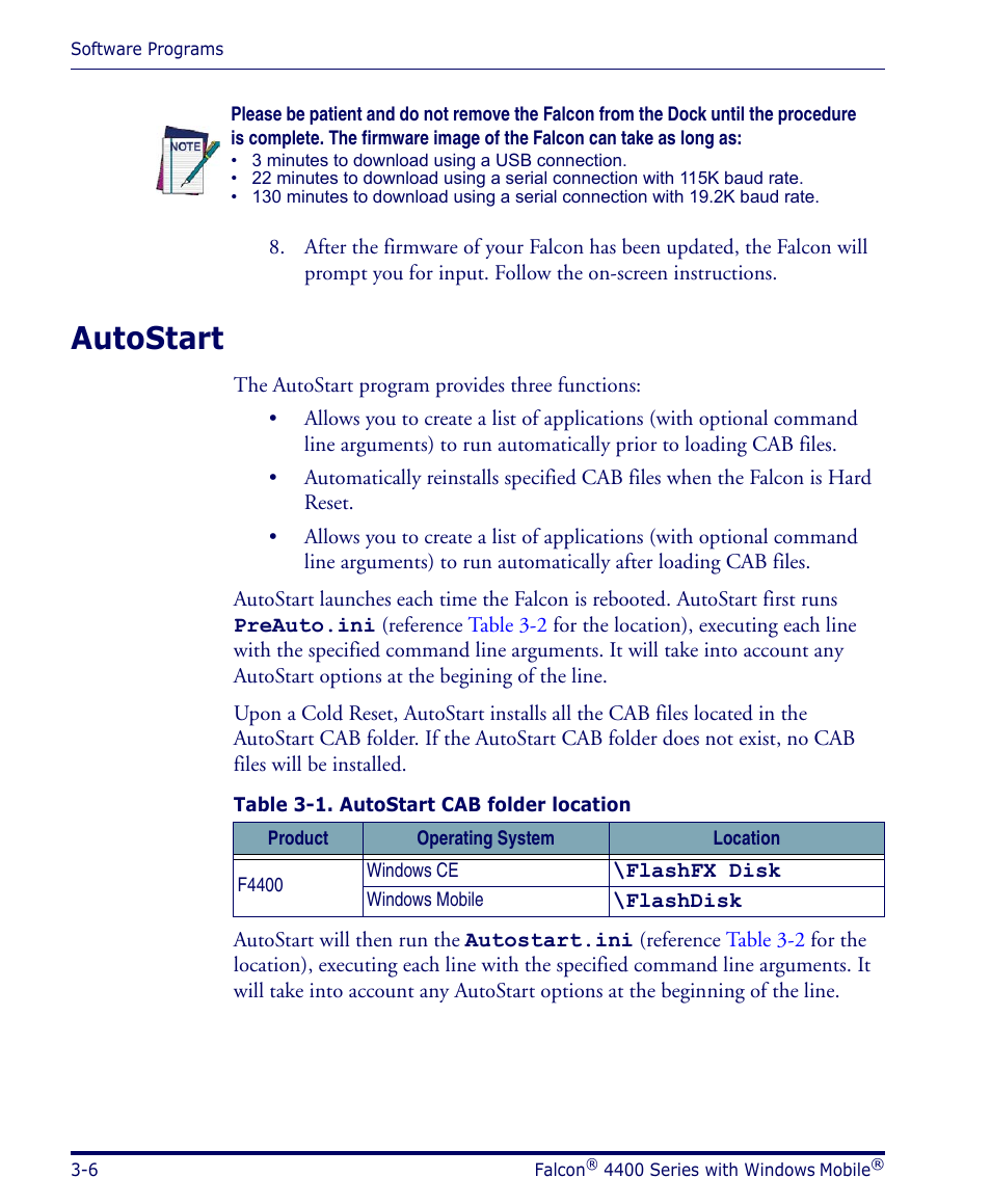 Autostart, Autostart -6 | Datalogic Scanning FALCON 4400 SERIES User Manual | Page 54 / 212