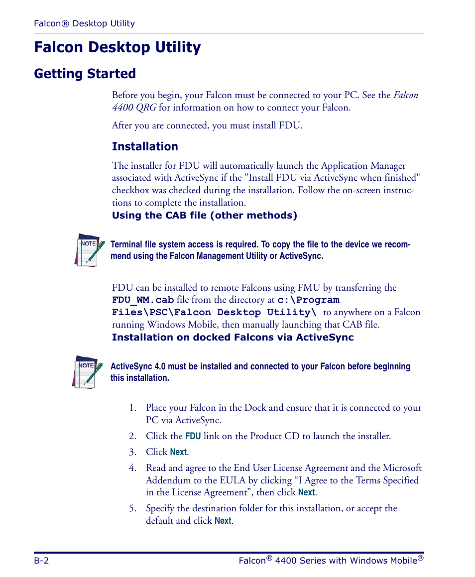 Falcon desktop utility, Getting started, Installation | Datalogic Scanning FALCON 4400 SERIES User Manual | Page 74 / 212