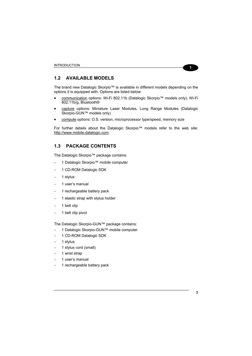 Available models, Package contents | Datalogic Scanning Skorpio-GUN User Manual | Page 23 / 99