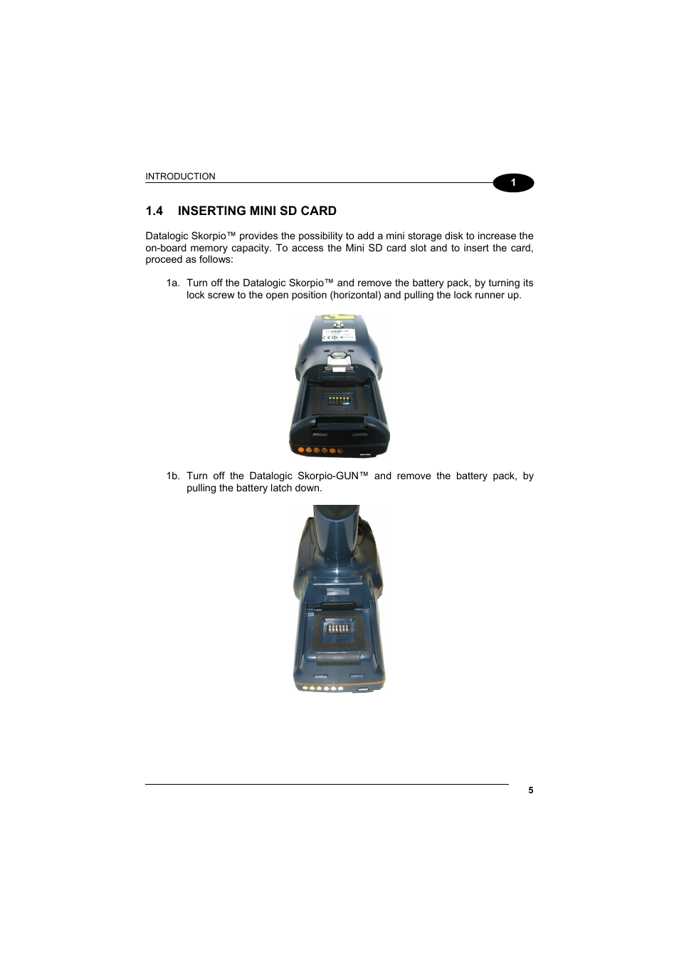 Inserting mini sd card | Datalogic Scanning Skorpio-GUN User Manual | Page 25 / 99