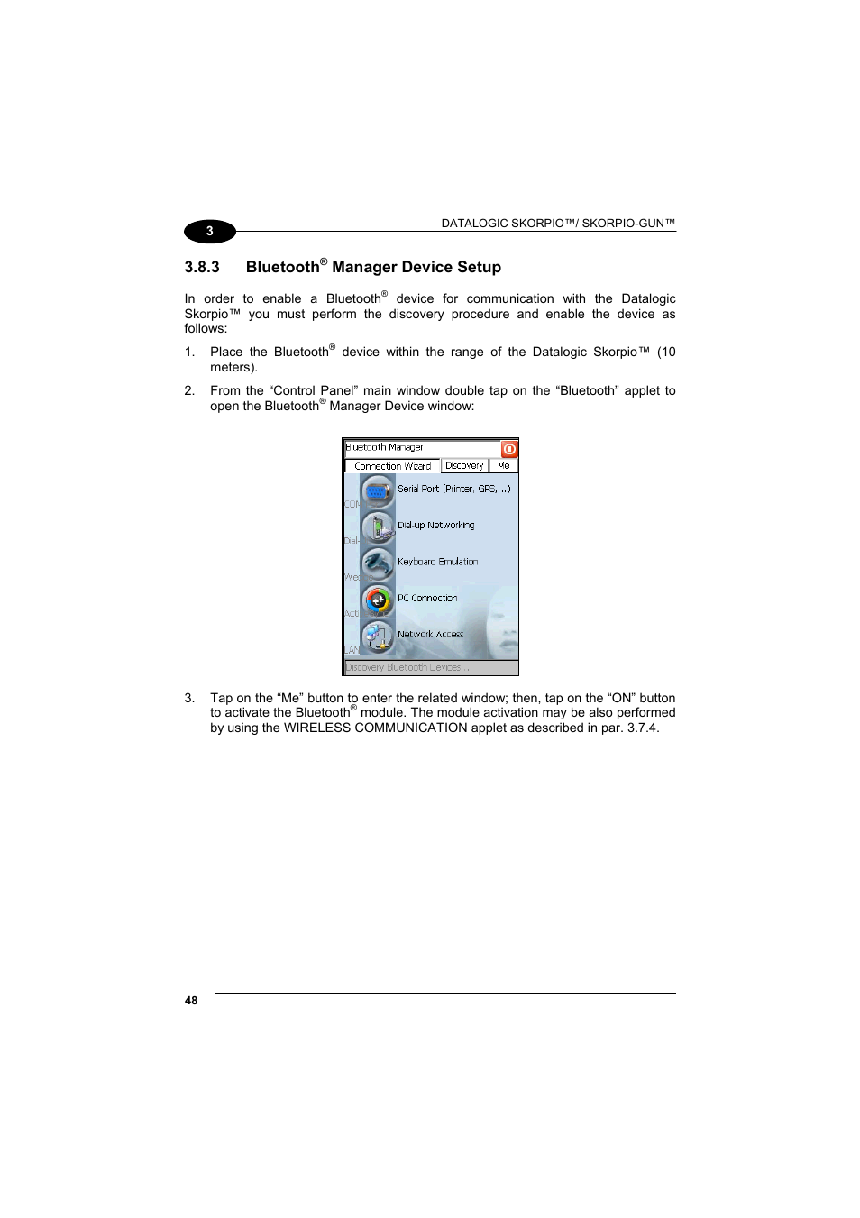 Bluetooth® manager device setup, Bluetooth, Manager device setup | 3 bluetooth | Datalogic Scanning Skorpio-GUN User Manual | Page 68 / 99