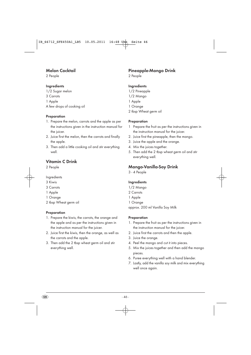 Melon cocktail, Vitamin c drink, Pineapple-mango drink | Mango-vanilla-soy drink | Silvercrest SFE 450 A1 User Manual | Page 48 / 62