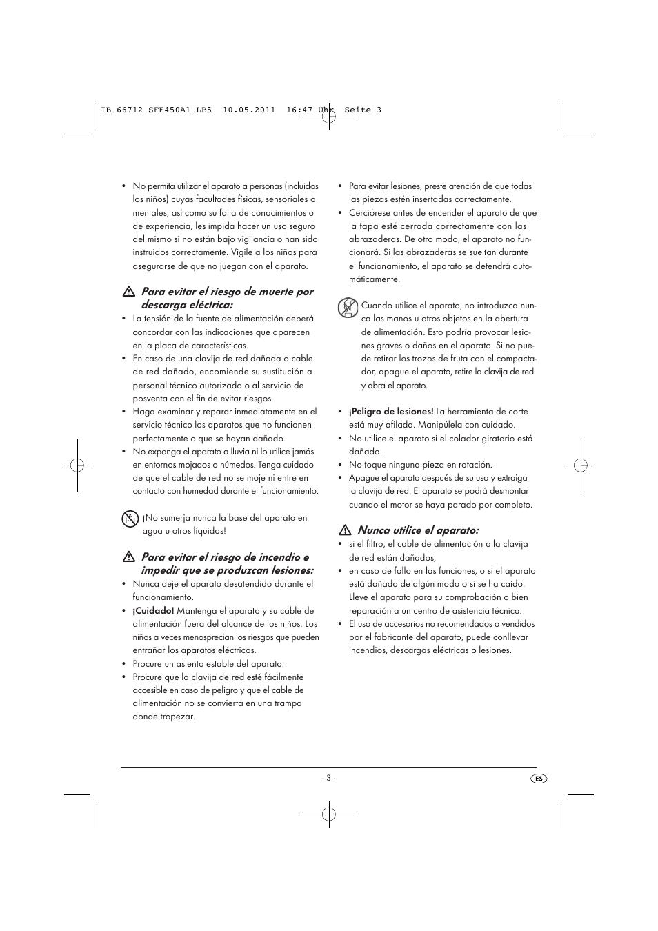 Nunca utilice el aparato | Silvercrest SFE 450 A1 User Manual | Page 5 / 62